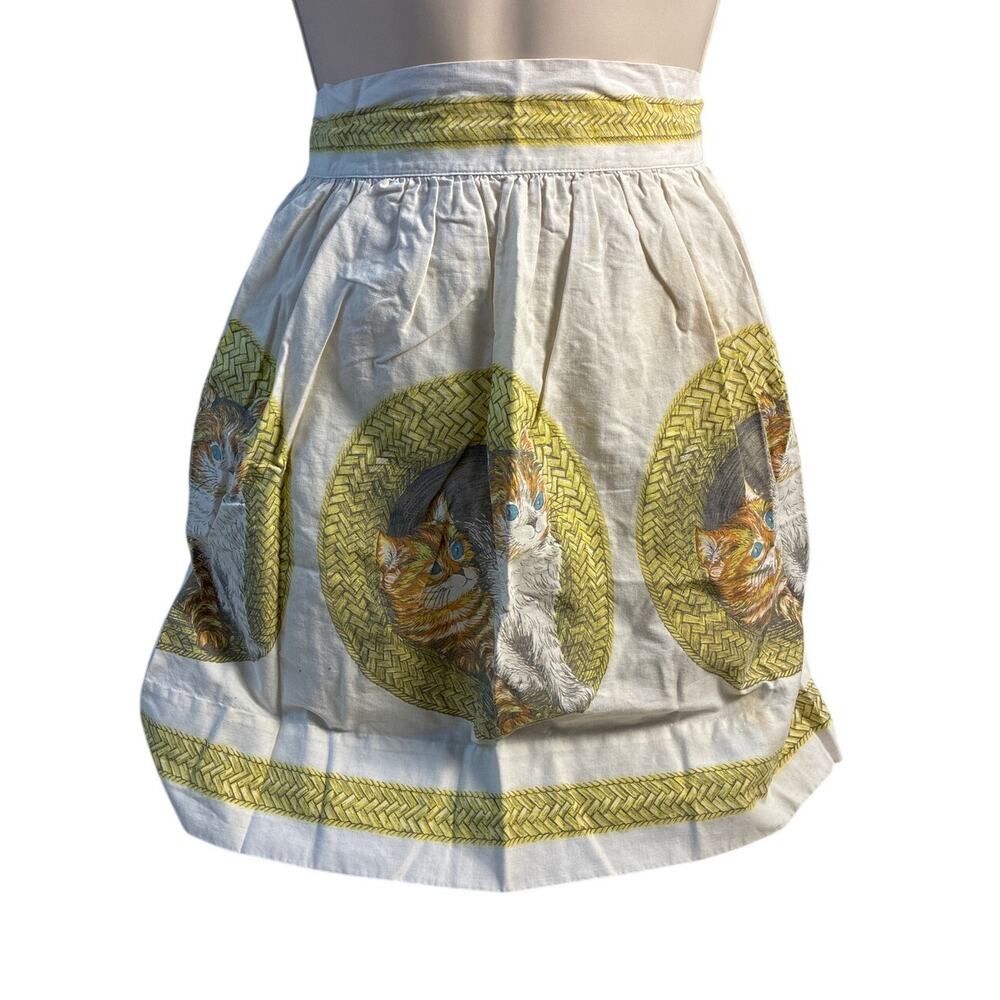 White and Green Cotton Vintage Style Cat Apron